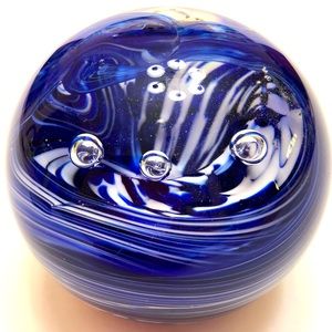 Prestige Art Glass Co. Cobalt Blue and White Swirl Bubbles Sphere Paperweight